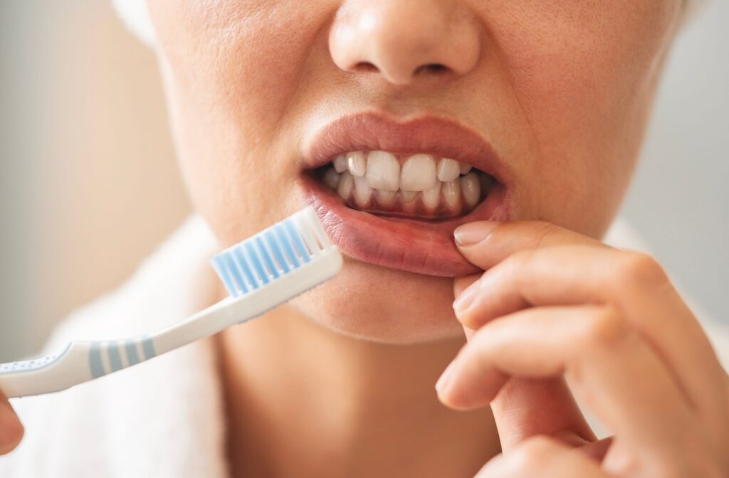 A close-up of a person pulling down their lower lip to examine their gums while holding a toothbrush, illustrating signs of gum recession.