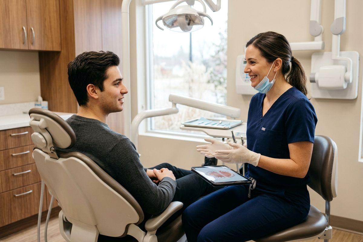 Dentist smiling, holding a tablet, consulting with a patient seated in a dental chair in a clinic.