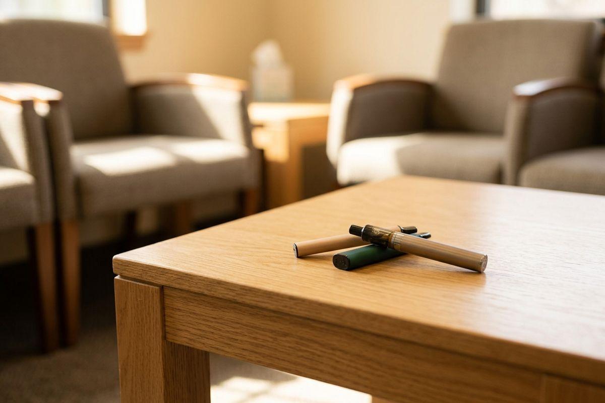 Two vape pens resting on a wooden coffee table in a waiting room with upholstered armchairs in the background.